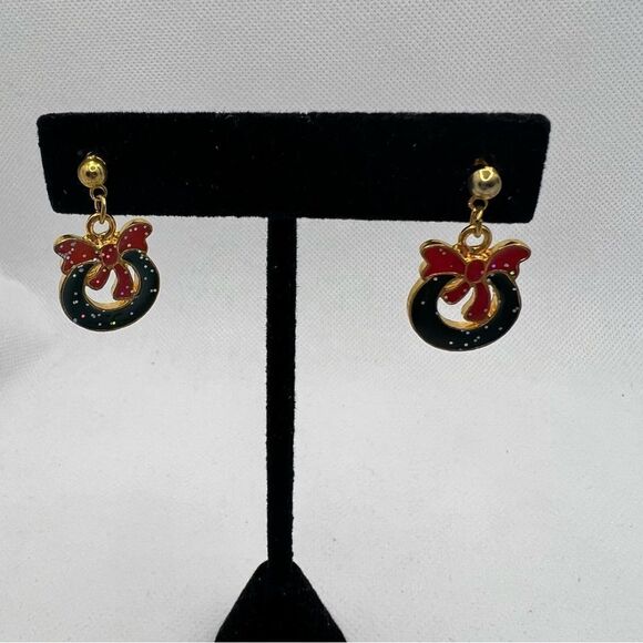 🍭4/$20 Christmas Wreath Glitter Post Stud Dangle Earrings - Picture 3 of 4